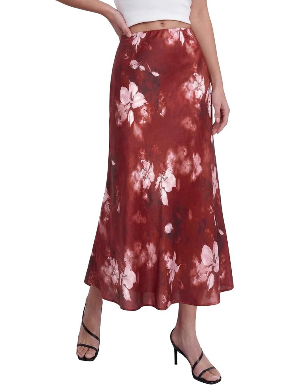 Women Red Flower High Waisted A-Line Silky Flowy Bias Cut Satin Midi Skirt